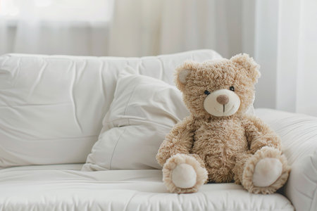 Soft plush teddy bear on a white couch.の素材