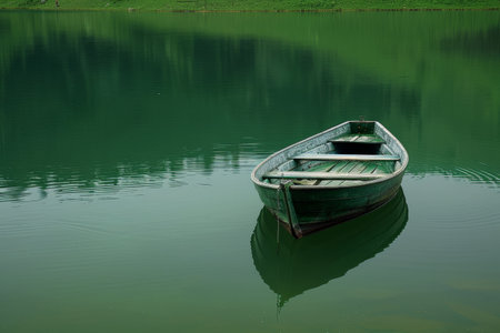 Boat in a quiet cove of a green lake.の素材