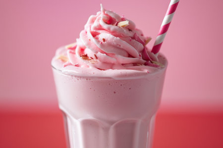 Pink milkshake with whipped cream and a straw.の素材