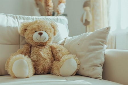 Soft plush teddy bear on a white couch.の素材