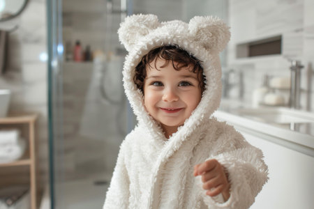 Child in fluffy white hooded robe.の素材