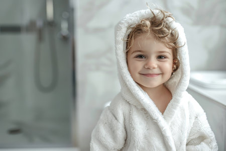 Little child in white robe smiling.の素材