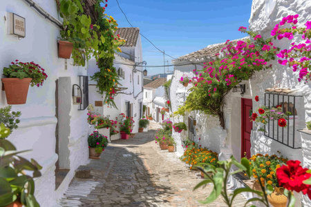 Narrow street white walls flowerpots Greece.の素材