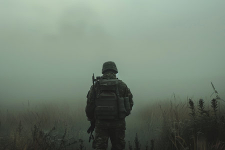 Soldier in military gear walking into fog.の素材