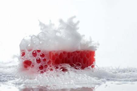 sponge in abundant foam on a light background. Cleaning and keeping the house cleanの素材