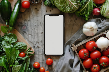 Smartphone with white screen amid fresh vegetables. Online grocery shopping and healthy eatingの素材