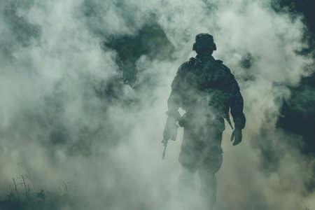 Soldier in military gear walking into fog.の素材