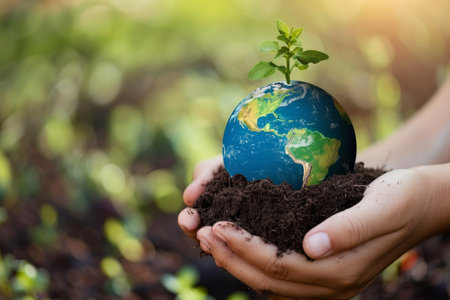 Child's hands cradling earth globe above soil with plants.の素材