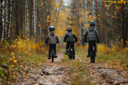 Kids cycling on a forest path in the autumn woods.の素材