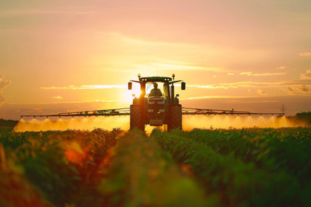 A tractor spraying pesticide on soybean farm at spring sunsetの素材