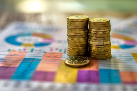 Bitcoin coin stacks on finance charts.の素材