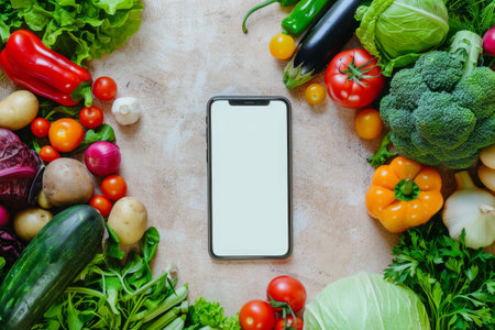 Smartphone with white screen amid fresh vegetables. Online grocery shopping and healthy eatingの素材