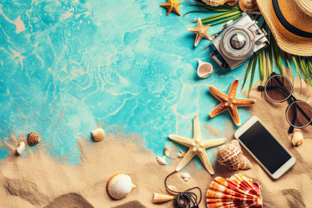 Summer accessories on beach: hat, camera, smartphone, shellsの素材