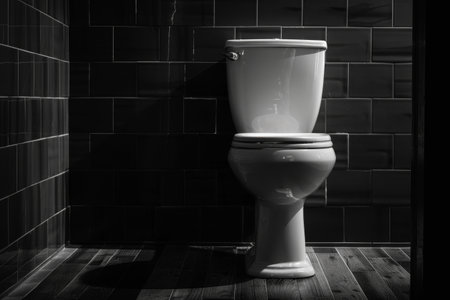 Black and white photo of toilet in bathroom with black tiles.の素材