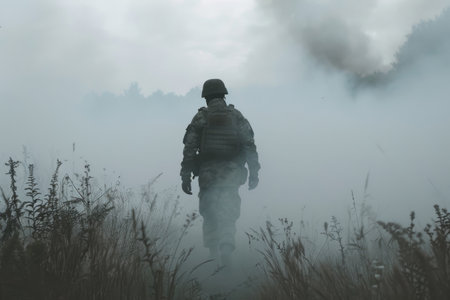 Soldier in military gear walking into fog.の素材