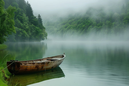 Boat on calm lake water with green trees in mist.の素材