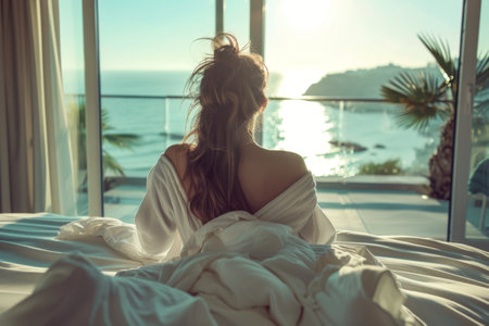 Woman on bed looking out the window overlooking the sea and sunrise.の素材