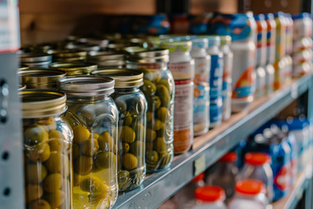 Shelves with jars and bottles in a cellar.の素材