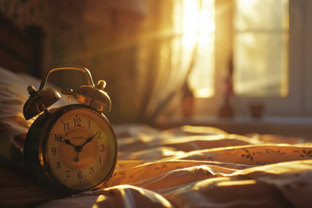 Alarm clock on bed with sunlight coming through window.の素材