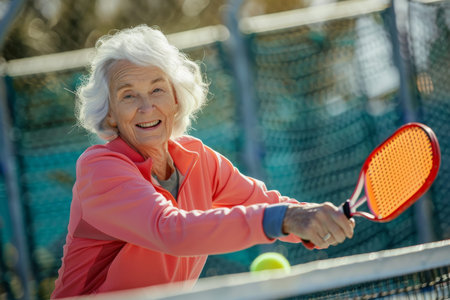 Senior woman playing pickleball, happy and active.の素材