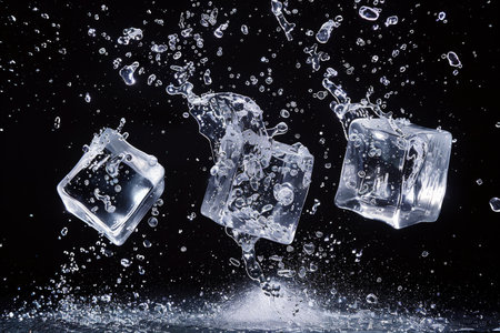 Ice cubes falling with water splashes on a black backgroundの素材