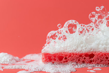 sponge in abundant foam on a light background. Cleaning and keeping the house cleanの素材