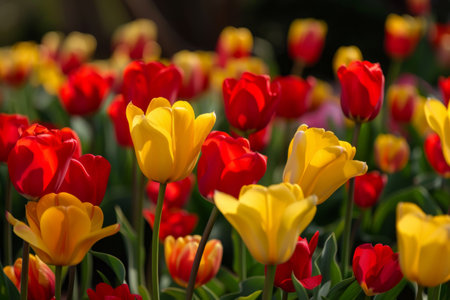 Colorful tulips in sunlight with blurred background, vibrant spring flowers.の素材
