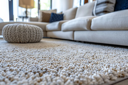 close up of sofa with beige carpet rug home interior background.の素材
