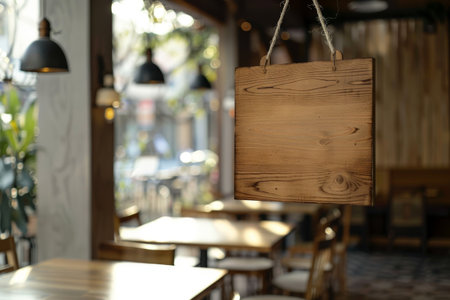 Empty wooden signboard on cafe background.の素材