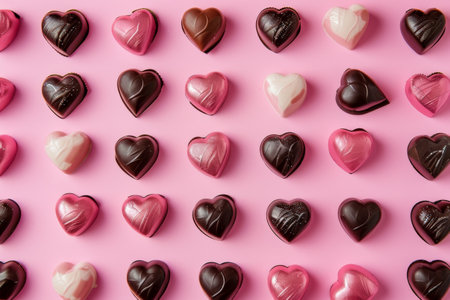 Assorted heart-shaped chocolates on a pink backgroundの素材