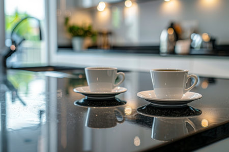 Two coffee cups on reflective kitchen countertopの素材