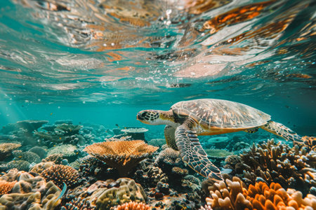 Sea turtle swimming in coral reef underwaterの素材