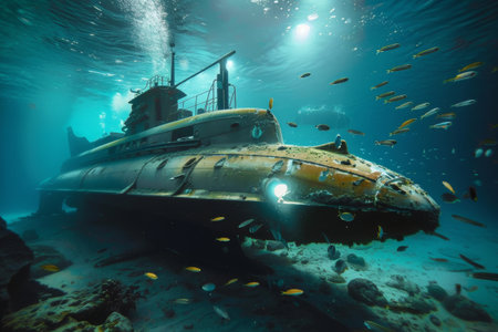 Submarine in sea reef with surrounding fish underwaterの素材