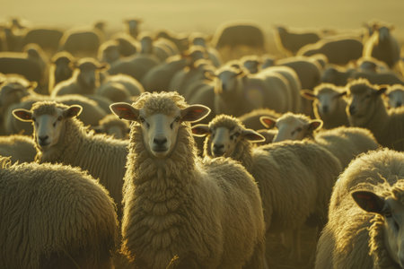 Sheep looking at camera against herd.の素材