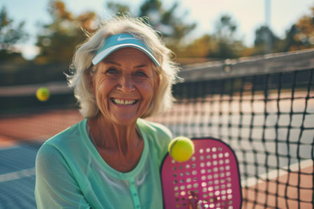 Senior woman playing pickleball, happy and active.の素材