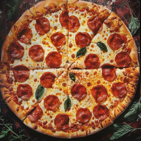 delicious pizza with salami and mozzarella close-up.の素材