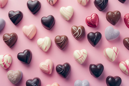 Assorted heart-shaped chocolates on a pink backgroundの素材