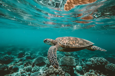 Sea turtle swimming in coral reef underwaterの素材