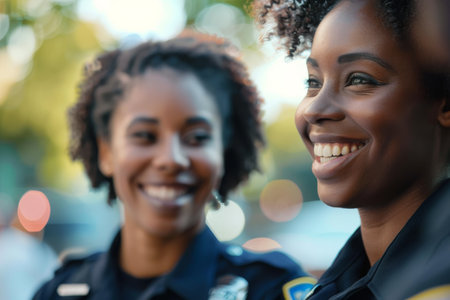 Police officer interacting with colleague.の素材