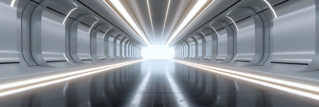 White futuristic corridor with neon lighting.の素材