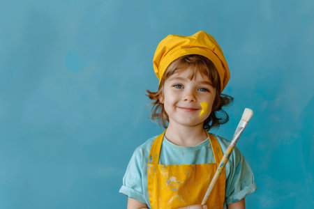 Child with paintbrush on blue backgroundの素材