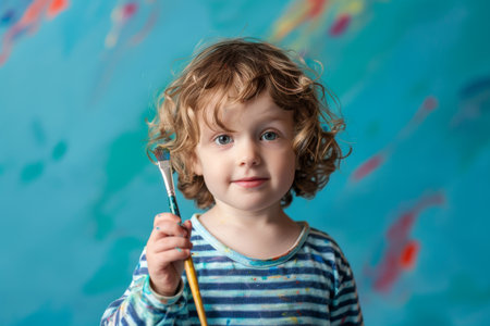 Child with paintbrush on blue backgroundの素材
