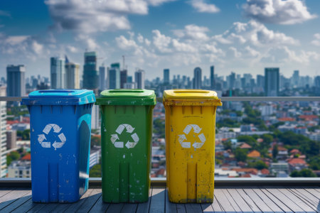 Colorful recycling bins against a cityscape backgroundの素材