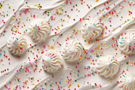 White meringues with colorful sprinkles on white backgroundの素材