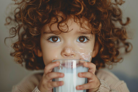 Curly-haired child drinking milk.の素材