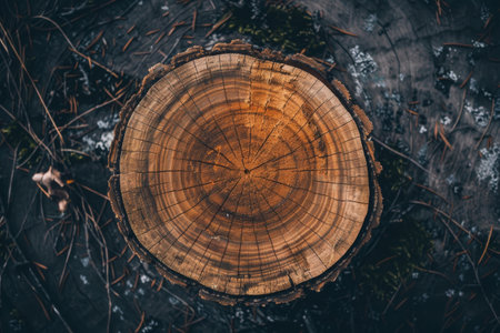 Detailed wood cross-section with prominent annual rings.の素材