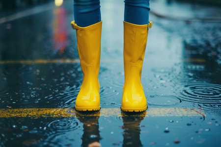 Full view of yellow rubber boots in a puddle, reflecting on wet urban surface.の素材