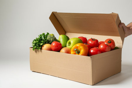cardboard box with food. vegetables and fruits in a cardboard box. food delivery and food bank concept.の素材
