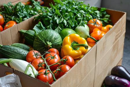 cardboard box with food. vegetables and fruits in a cardboard box. food delivery and food bank concept.の素材