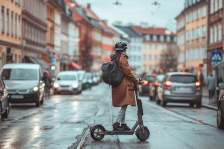 Woman on electric scooter in urban setting.の素材